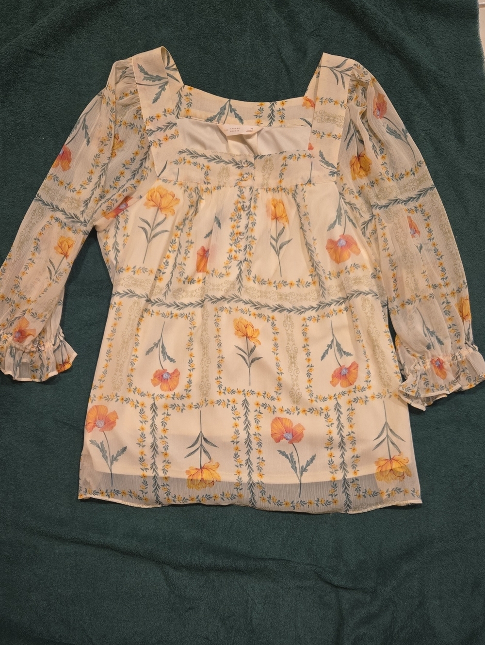 LC Lauren Conrad Cream Blouse with Floral Print